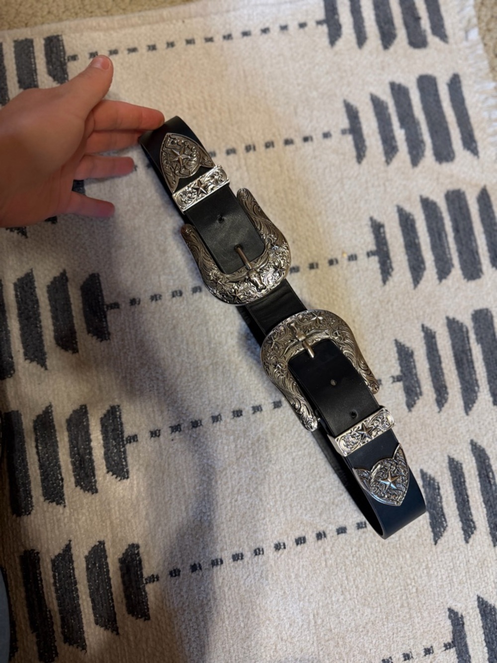 Black Western Double Buckle Leather Belt with Silver Engraved Hardware